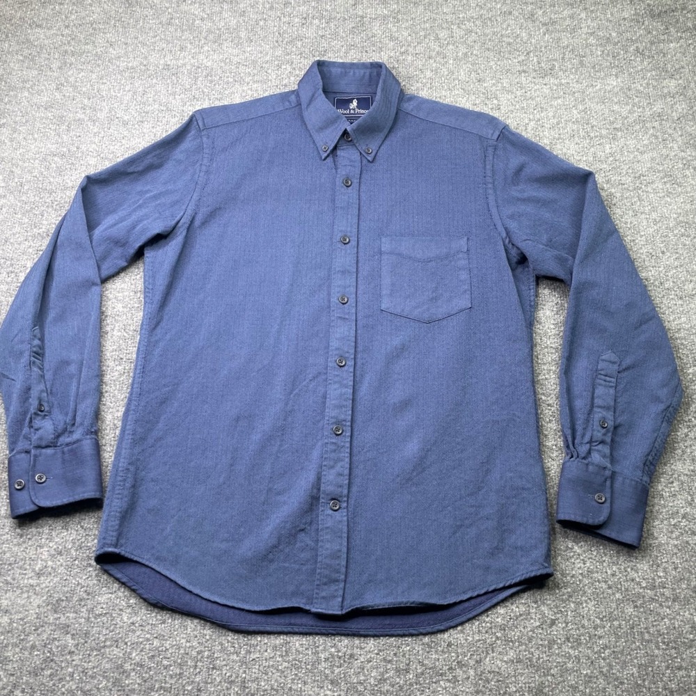 Wool & Prince Button Down Mens M Blue Slim Fit 100% Wool Herringbone Shirt